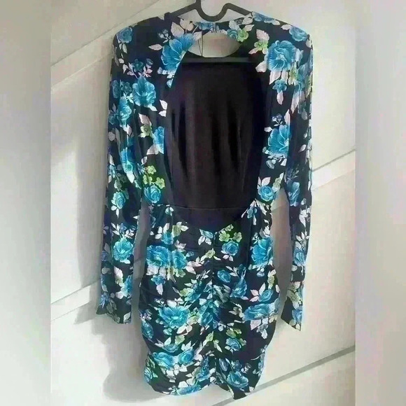 ZARA Floral Open Back Long Sleeve Blue Black  Pink Mini Dress size XS - Picture 10 of 10